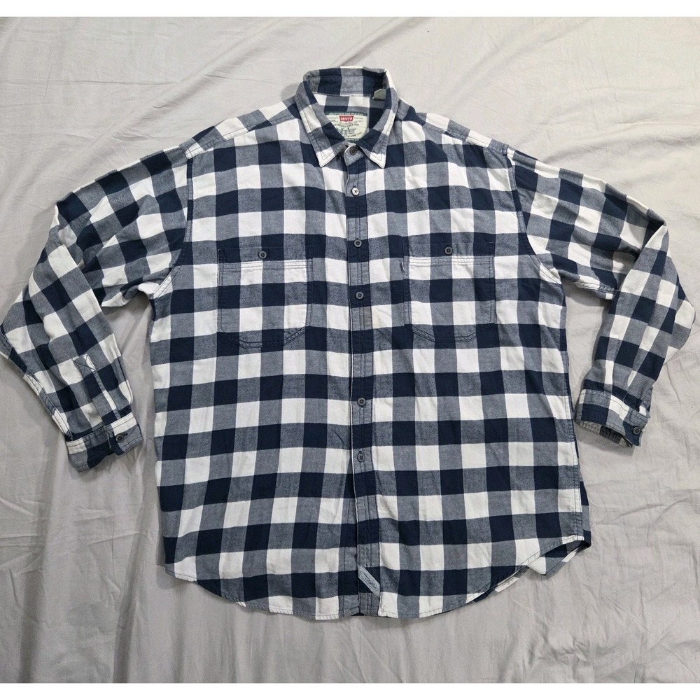 Vtg Levis Flannel Shirt Plaid Button Up Camp Mens Size XL White Tab Korea Made
